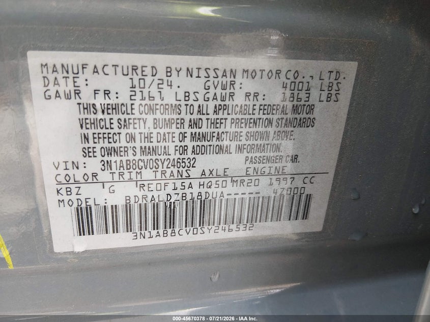 2025 Nissan Sentra Sv VIN: 3N1AB8CV0SY246532 Lot: 45670378