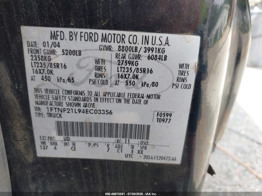 2004 Ford F-250 Xl/Xlt VIN: 1FTNF21L94EC03356 Lot: 45670381
