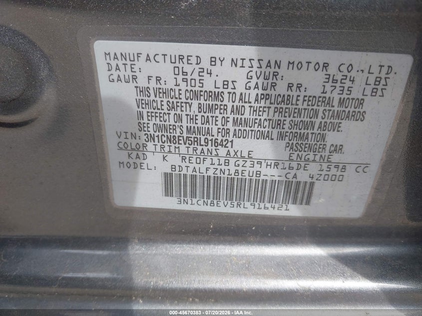 2024 Nissan Versa 1.6 Sv VIN: 3N1CN8EV5RL916421 Lot: 45670383