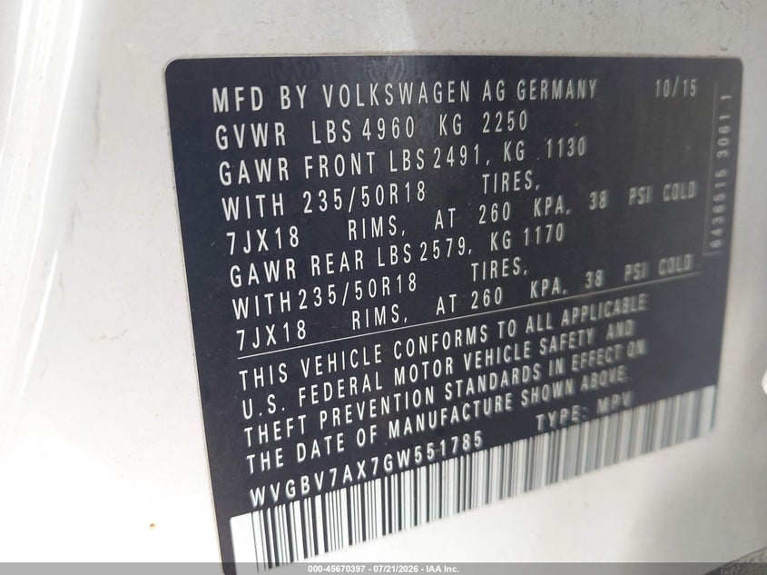 2016 Volkswagen Tiguan Se VIN: WVGBV7AX7GW551785 Lot: 45670397