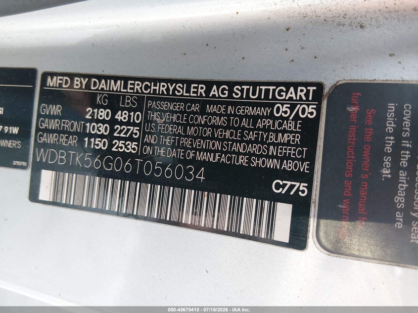 2006 Mercedes-Benz Clk 350 VIN: WDBTK56G06T056034 Lot: 45670410