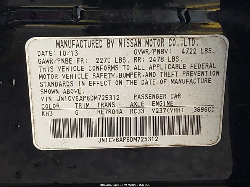 2013 Infiniti G37 Journey VIN: JN1CV6AP6DM725312 Lot: 45670430
