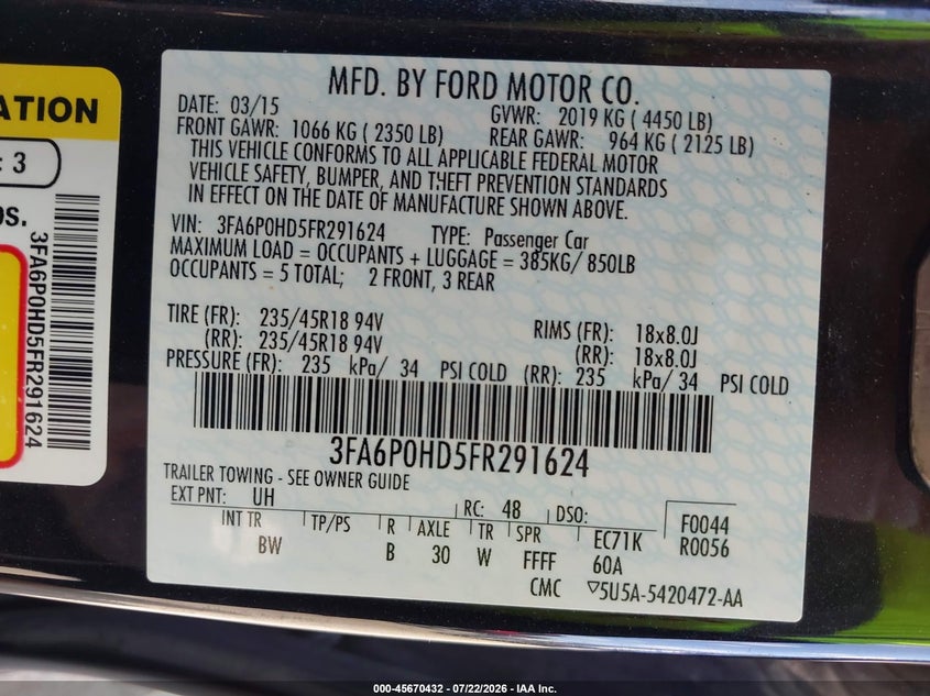 2015 FORD FUSION SEDAN 1.5L I-4 DI, DOHC, VVT, TURBO, 181HP