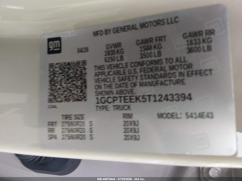 2026 Chevrolet Colorado Trail Boss, 4Wd VIN: 1GCPTEEK5T1243394 Lot: 45670444