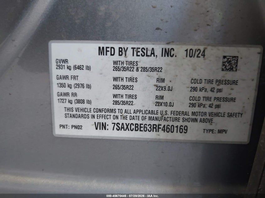 2024 Tesla Model X Plaid Tri Motor All-Wheel Drive VIN: 7SAXCBE63RF460169 Lot: 45670446