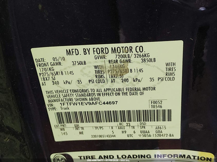 2010 Ford F-150 Fx4/Harley-Davidson/King Ranch/Lariat/Platinum/Xl/Xlt VIN: 1FTFW1EV9AFC44697 Lot: 45670477