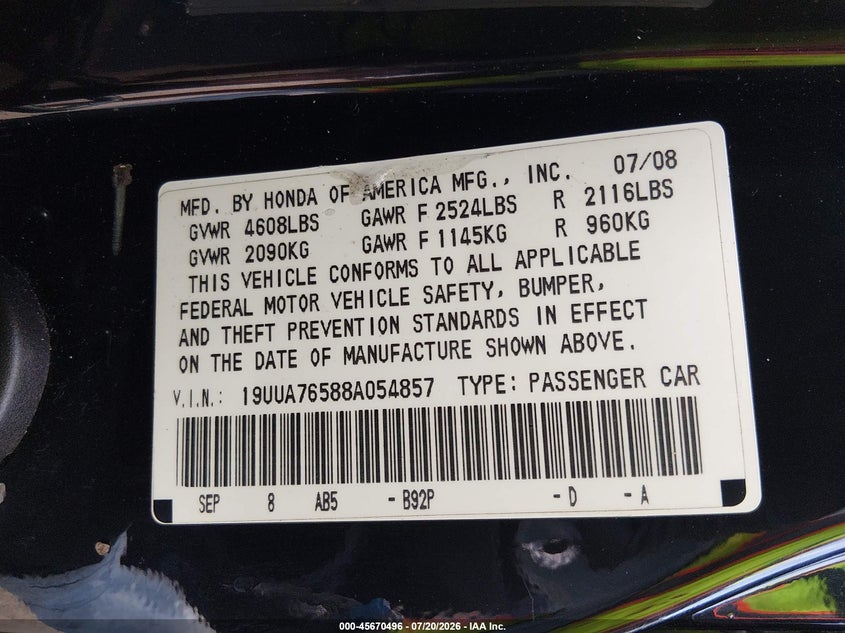 2008 Acura Tl Type S VIN: 19UUA76588A054857 Lot: 45670496