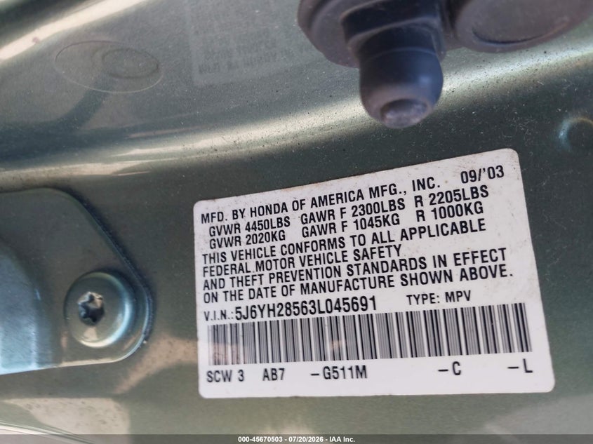 2003 Honda Element Ex VIN: 5J6YH28563L045691 Lot: 45670503
