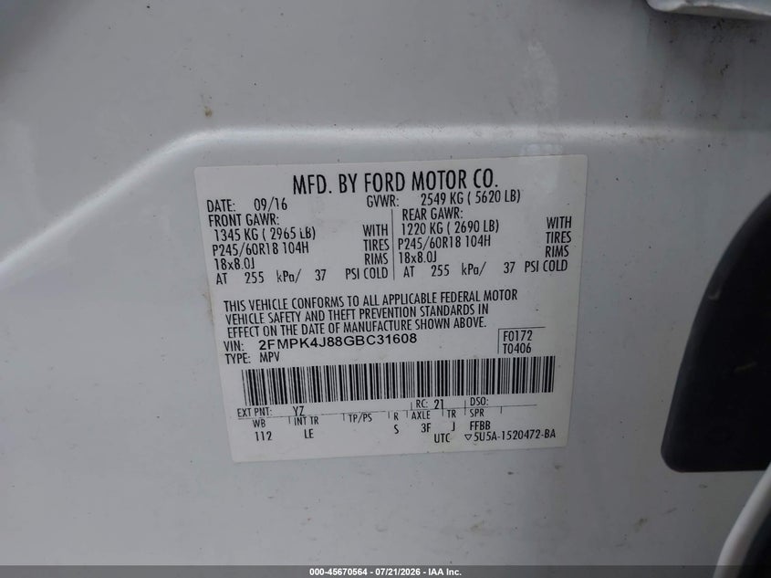 2016 Ford Edge Sel VIN: 2FMPK4J88GBC31608 Lot: 45670564