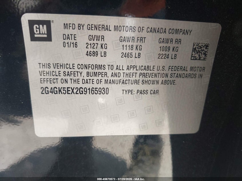 2016 Buick Regal Turbo VIN: 2G4GK5EX2G9165930 Lot: 45670573