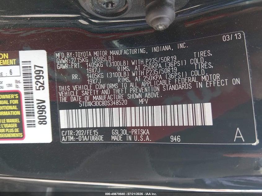 2013 Toyota Sienna Se 8 Passenger VIN: 5TDXK3DC8DS348520 Lot: 45670580