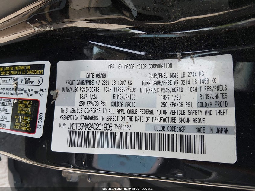 2010 Mazda Cx-9 Sport VIN: JM3TB3MA2A0201905 Lot: 45670582