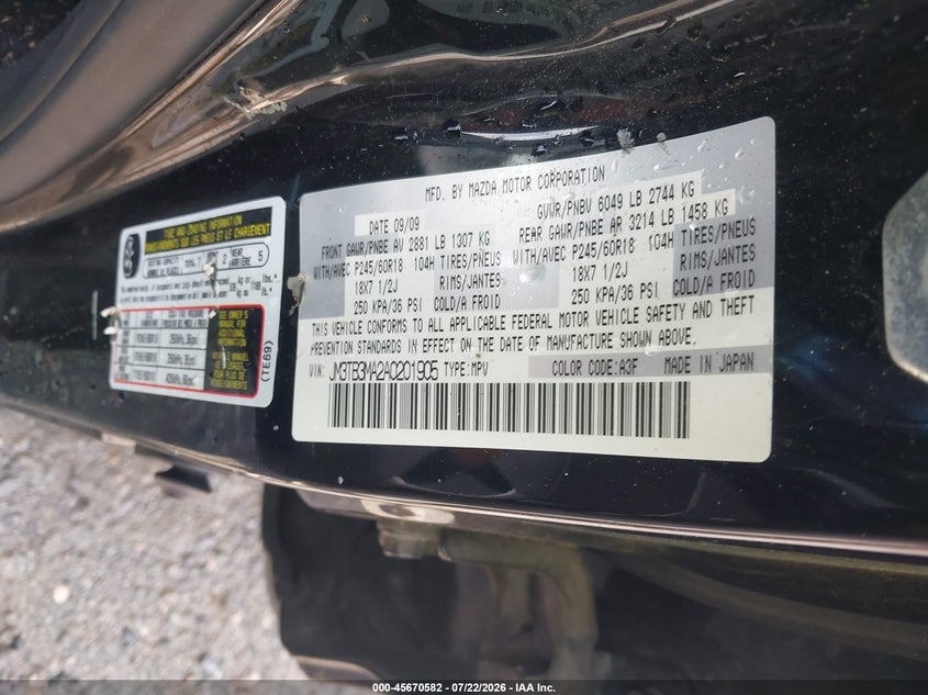 MAZDA CX-9 2010 VIN JM3TB3MA2A0201905