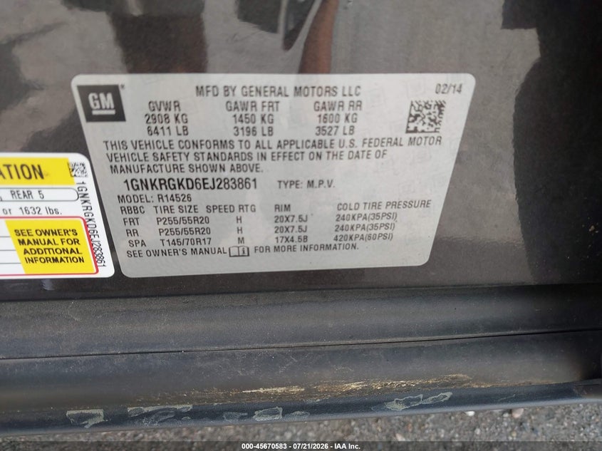2014 Chevrolet Traverse Lt VIN: 1GNKRGKD6EJ283861 Lot: 45670583
