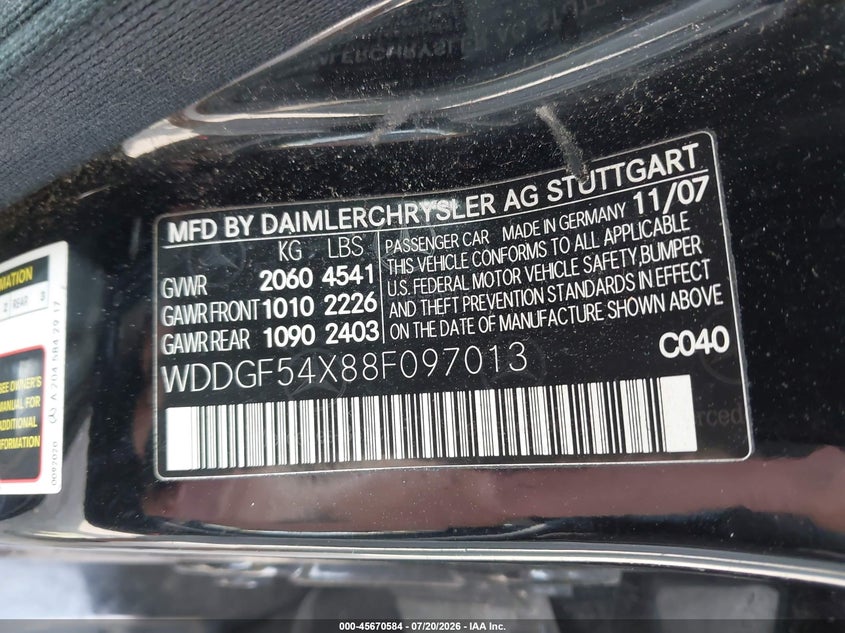 2008 Mercedes-Benz C 300 Luxury/Sport VIN: WDDGF54X88F097013 Lot: 45670584