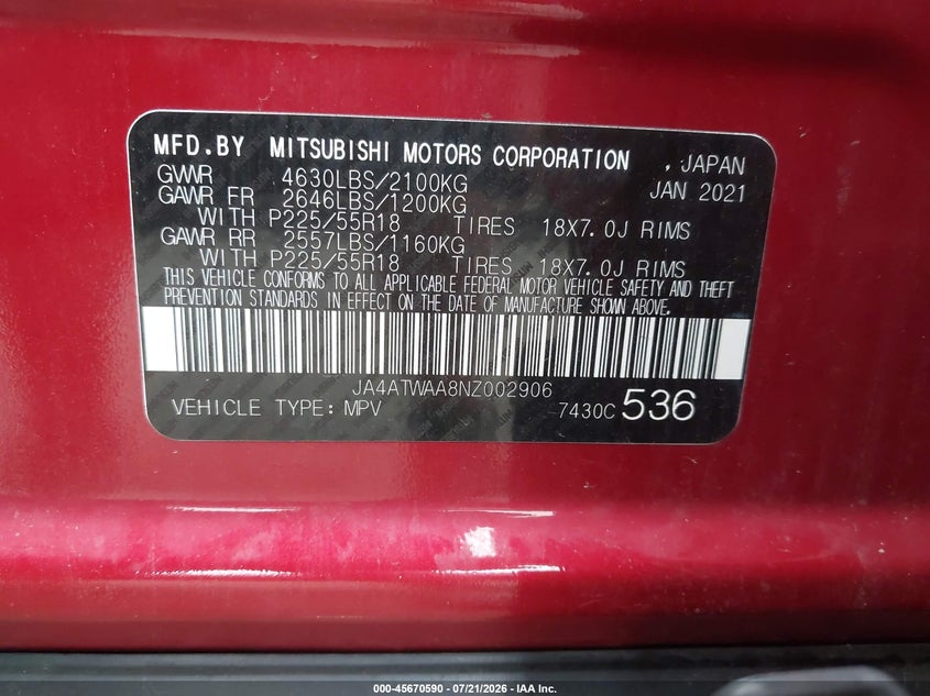 2022 Mitsubishi Eclipse Cross Se S-Awc/Se Special Edition S-Awc/Sel S-Awc/Sel Special Edition S-Awc VIN: JA4ATWAA8NZ002906 Lot: 45670590