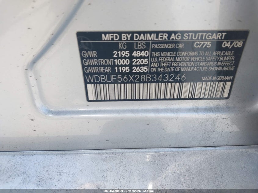 2008 Mercedes-Benz E 350 VIN: WDBUF56X28B343246 Lot: 45670599