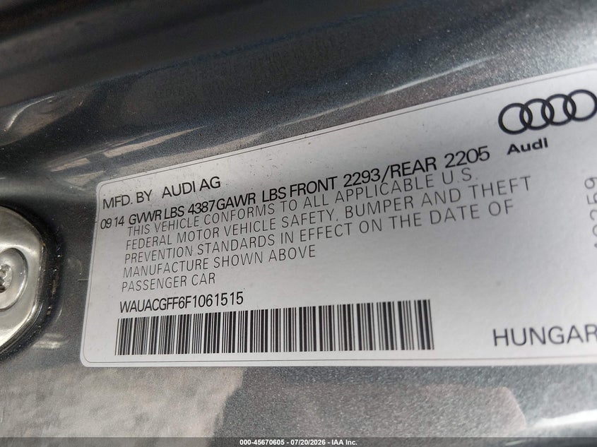 2015 Audi A3 1.8T Premium VIN: WAUACGFF6F1061515 Lot: 45670605