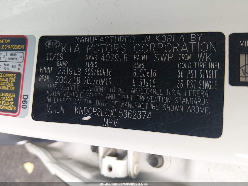 2020 Kia Niro Lx VIN: KNDCB3LCXL5362374 Lot: 45670608