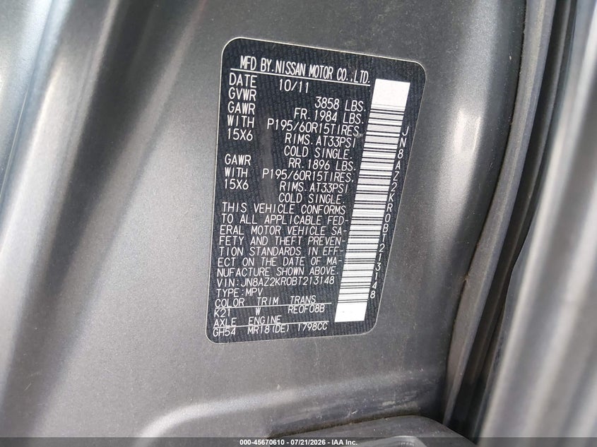 2011 Nissan Cube 1.8S VIN: JN8AZ2KR0BT213148 Lot: 45670610