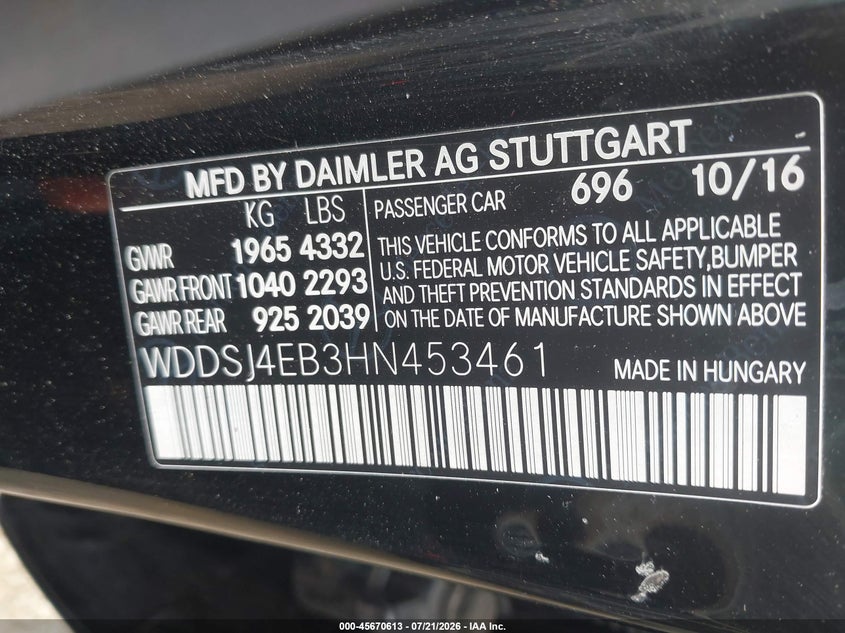 2017 Mercedes-Benz Cla 250 VIN: WDDSJ4EB3HN453461 Lot: 45670613