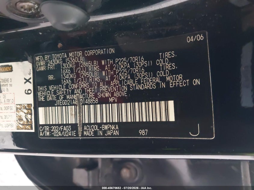 2006 Toyota Highlander VIN: JTEGD21A860148858 Lot: 45670652