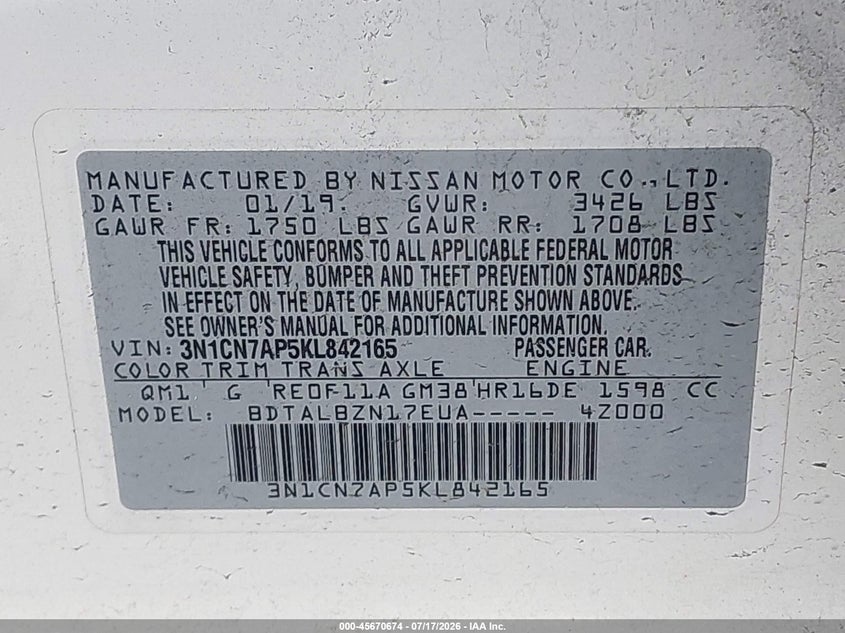 2019 Nissan Versa 1.6 Sv VIN: 3N1CN7AP5KL842165 Lot: 45670674