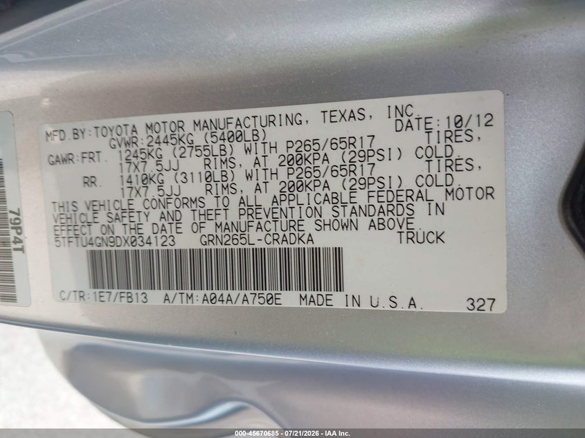 2013 Toyota Tacoma Prerunner V6 VIN: 5TFTU4GN9DX034123 Lot: 45670685