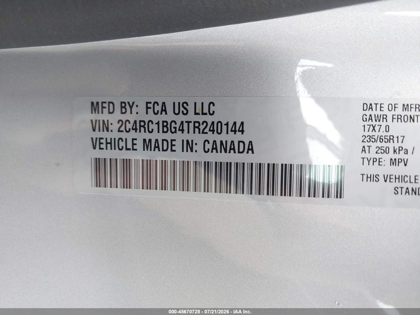 2026 Chrysler Pacifica Select VIN: 2C4RC1BG4TR240144 Lot: 45670728