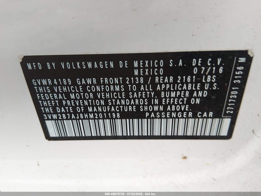 2017 VOLKSWAGEN JETTA SEDAN 1.4L I-4 DI, DOHC, VVT, TURBO, 150HP