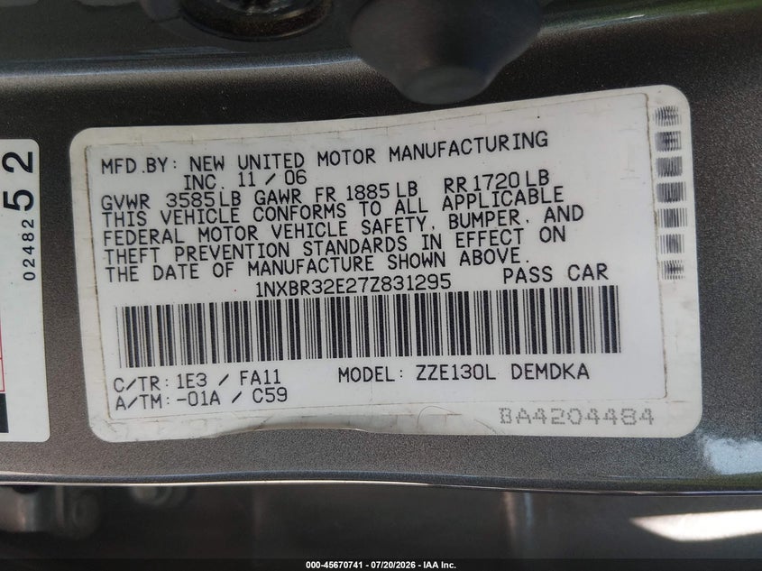 2007 Toyota Corolla Ce VIN: 1NXBR32E27Z831295 Lot: 45670741