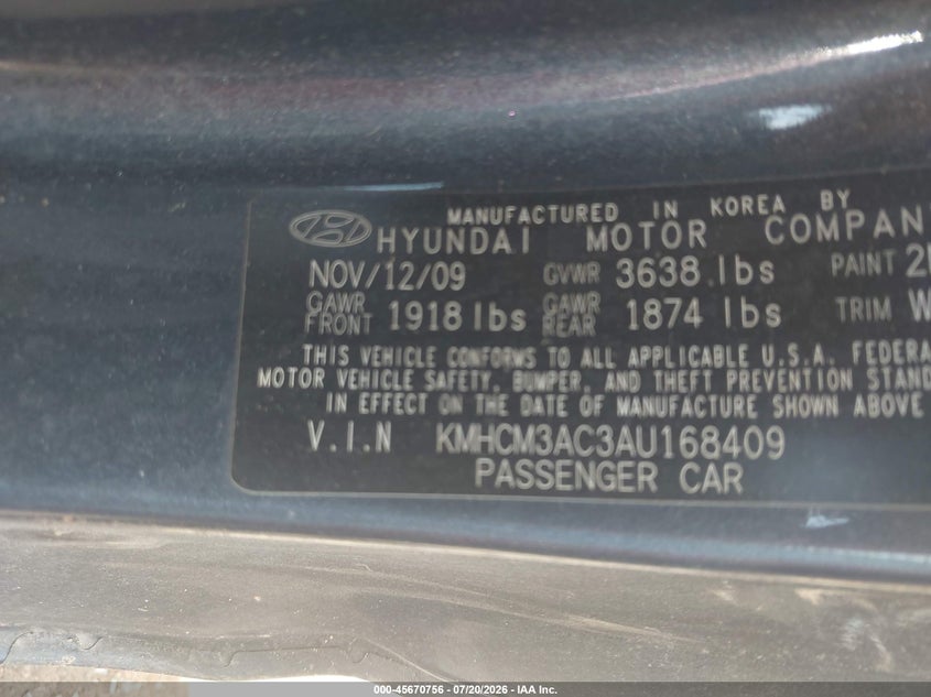 2010 Hyundai Accent Gs VIN: KMHCM3AC3AU168409 Lot: 45670756