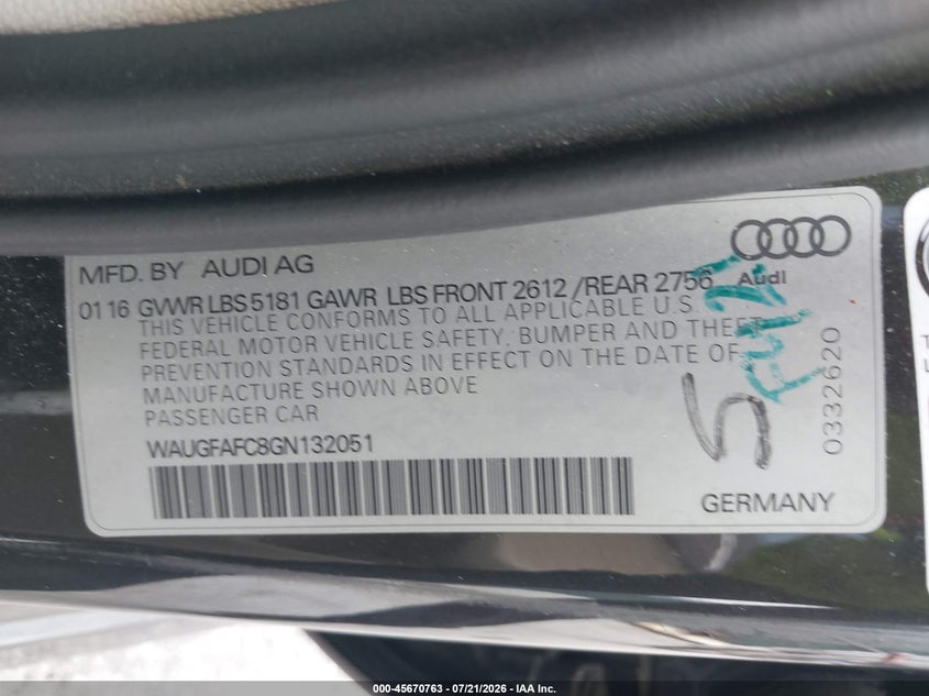 2016 Audi A6 2.0T Premium Plus VIN: WAUGFAFC8GN132051 Lot: 45670763