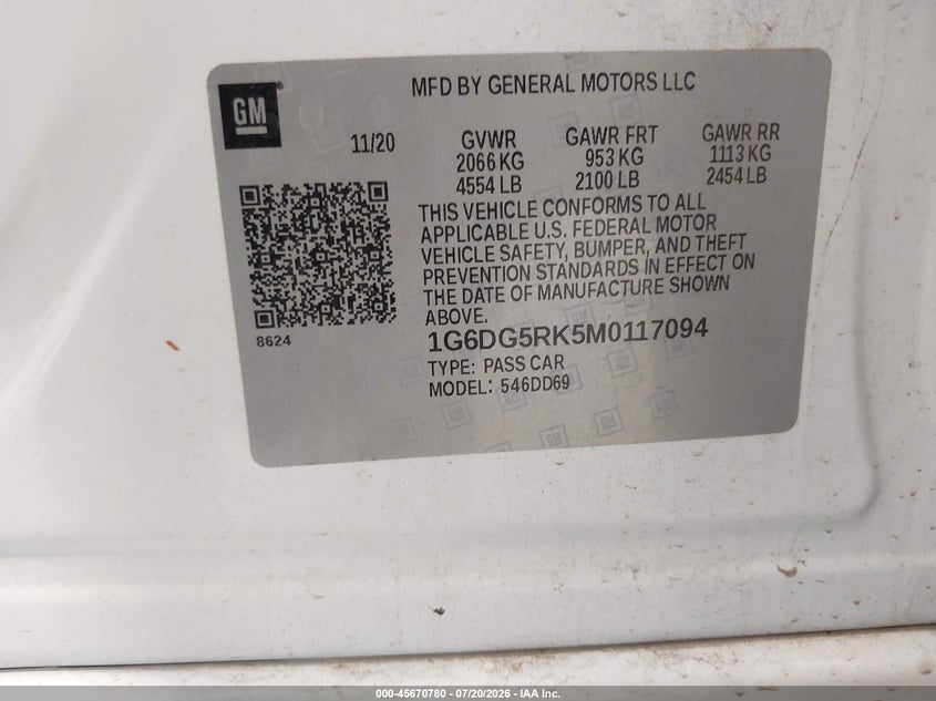 2021 Cadillac Ct4 Sport VIN: 1G6DG5RK5M0117094 Lot: 45670780
