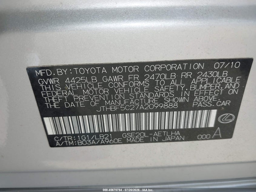 2010 Lexus Is 250 VIN: JTHBF5C27A2099888 Lot: 45670784