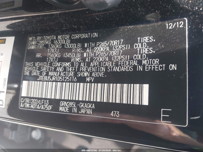 2013 Toyota 4Runner Sr5 VIN: JTEBU5JR1D5125116 Lot: 45670794