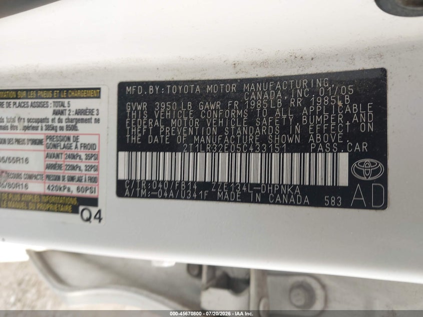 2005 Toyota Matrix Xr VIN: 2T1LR32E05C433151 Lot: 45670800