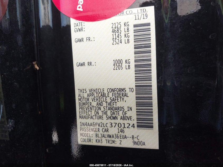 2020 Nissan Maxima Platinum Xtronic Cvt VIN: 1N4AA6FV2LC370124 Lot: 45670811