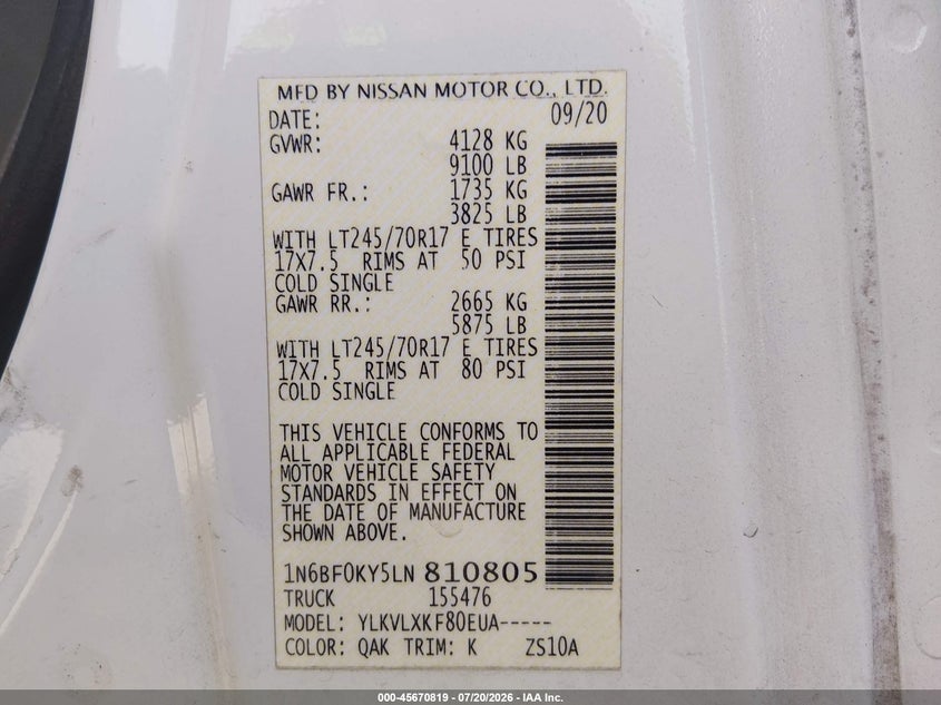2020 Nissan Nv Cargo Nv2500 Hd Sv Standard Roof V6 VIN: 1N6BF0KY5LN810805 Lot: 45670819