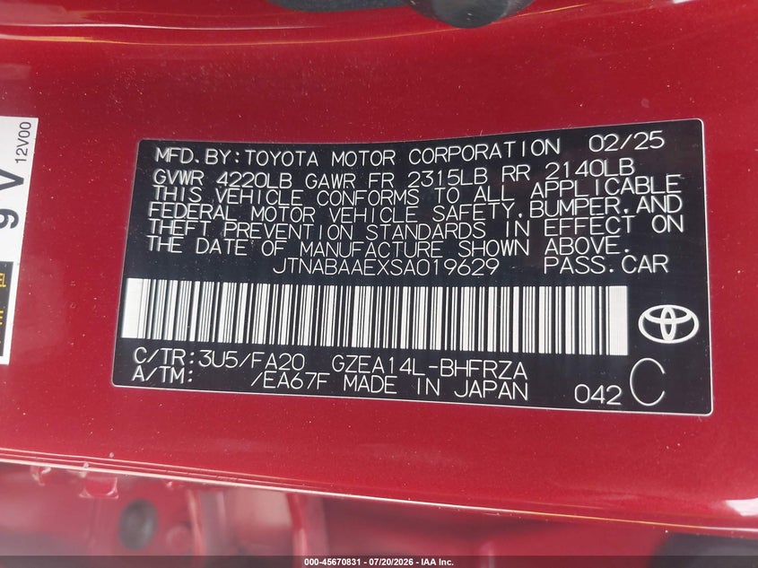 2025 Toyota Gr Corolla Core VIN: JTNABAAEXSA019629 Lot: 45670831