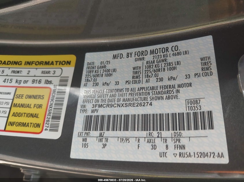 2025 Ford Bronco Sport Outer Banks VIN: 3FMCR9CNXSRE26274 Lot: 45670833
