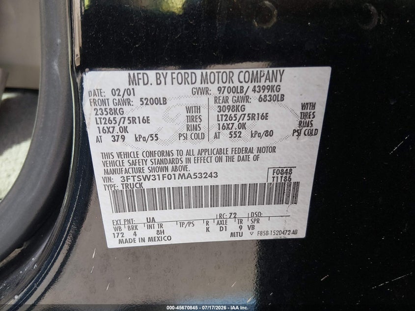 2001 Ford F-350 Lariat/Xl/Xlt VIN: 3FTSW31F01MA53243 Lot: 45670845