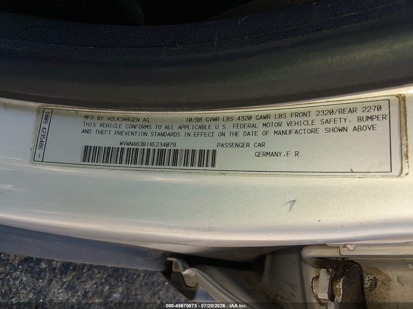 1999 Volkswagen Passat Gls VIN: WVWNA63B1XE234079 Lot: 45670873