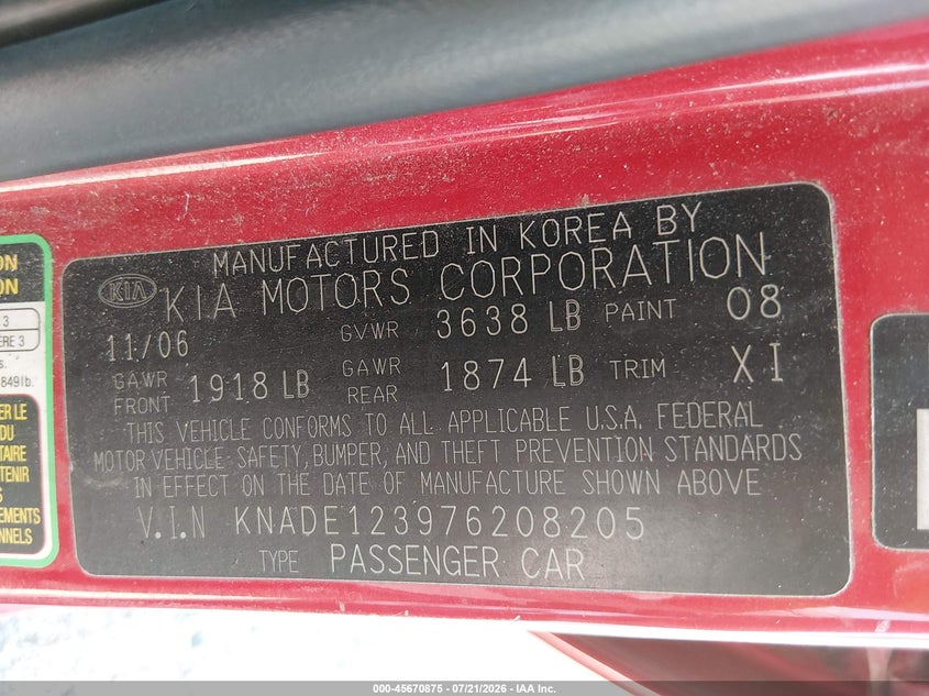 2007 Kia Rio Lx VIN: KNADE123976208205 Lot: 45670875