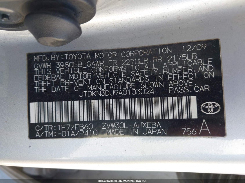 2010 Toyota Prius Ii VIN: JTDKN3DU9A0103024 Lot: 45670883