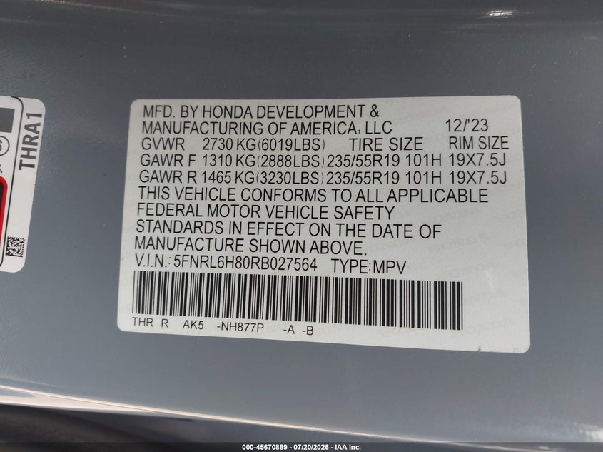2024 Honda Odyssey Touring VIN: 5FNRL6H80RB027564 Lot: 45670889