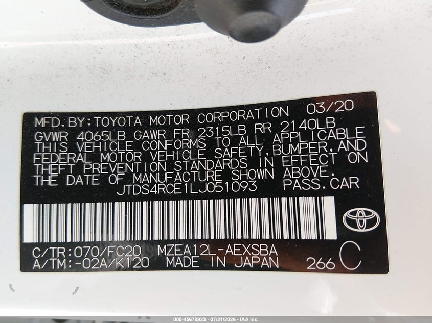 2020 Toyota Corolla Se VIN: JTDS4RCE1LJ051093 Lot: 45670923