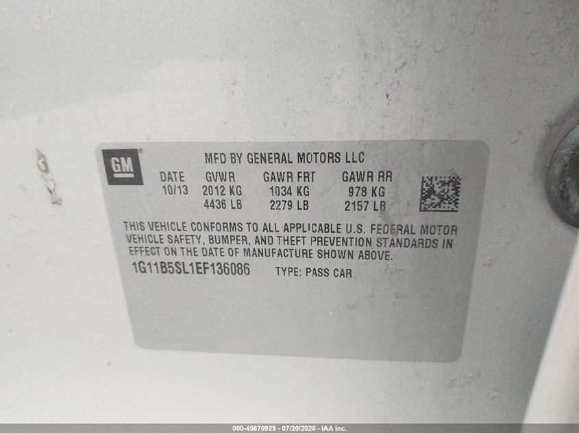2014 Chevrolet Malibu 1Ls VIN: 1G11B5SL1EF136086 Lot: 45670929