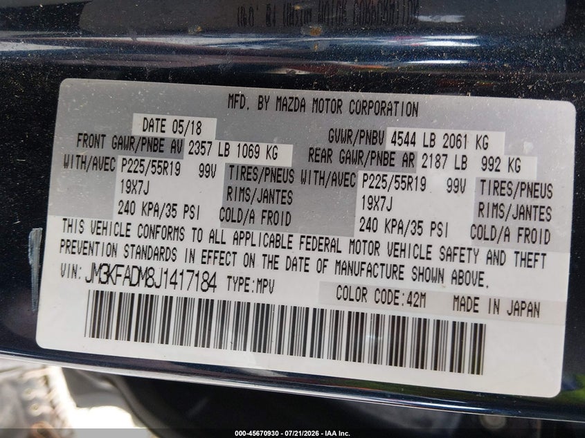 2018 Mazda Cx-5 Grand Touring VIN: JM3KFADM8J1417184 Lot: 45670930