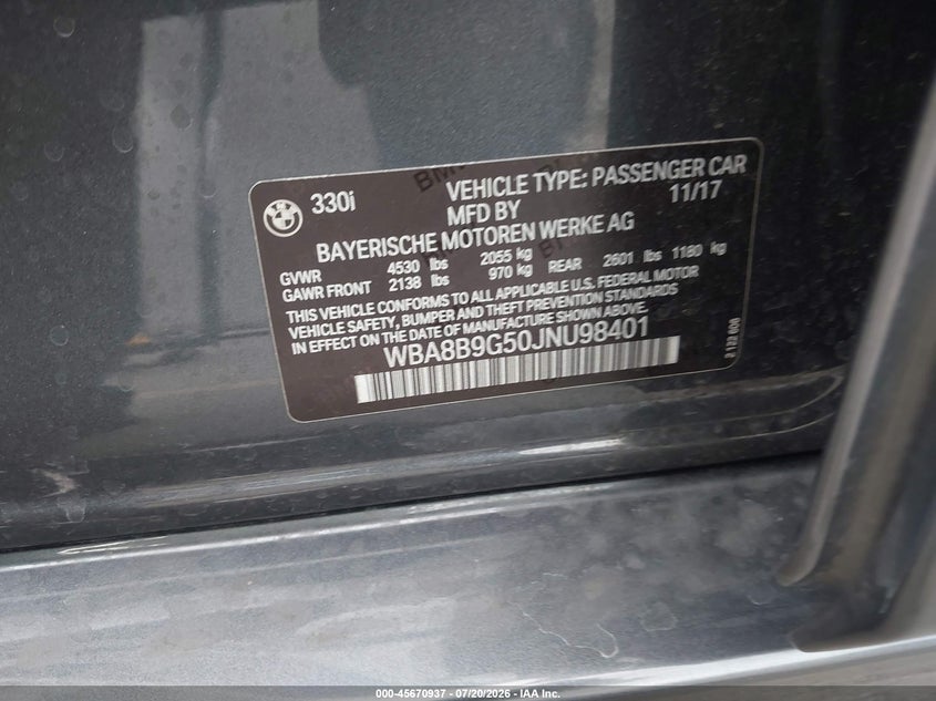 2018 BMW 330I VIN: WBA8B9G50JNU98401 Lot: 45670937
